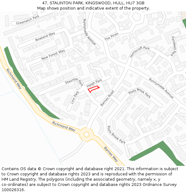 47, STAUNTON PARK, KINGSWOOD, HULL, HU7 3GB: Location map and indicative extent of plot