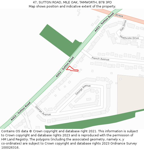 47, SUTTON ROAD, MILE OAK, TAMWORTH, B78 3PD: Location map and indicative extent of plot