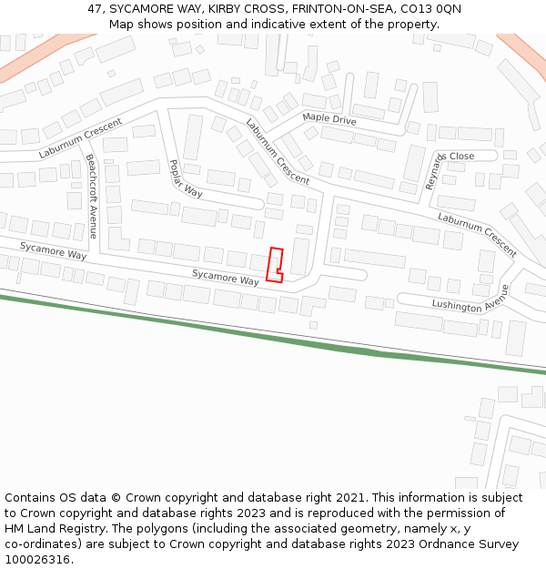 47, SYCAMORE WAY, KIRBY CROSS, FRINTON-ON-SEA, CO13 0QN: Location map and indicative extent of plot