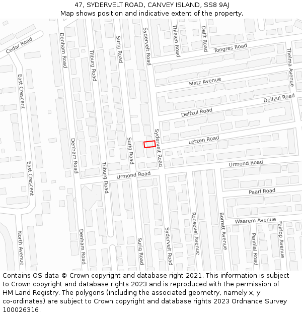 47, SYDERVELT ROAD, CANVEY ISLAND, SS8 9AJ: Location map and indicative extent of plot
