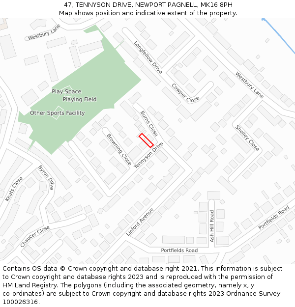 47, TENNYSON DRIVE, NEWPORT PAGNELL, MK16 8PH: Location map and indicative extent of plot