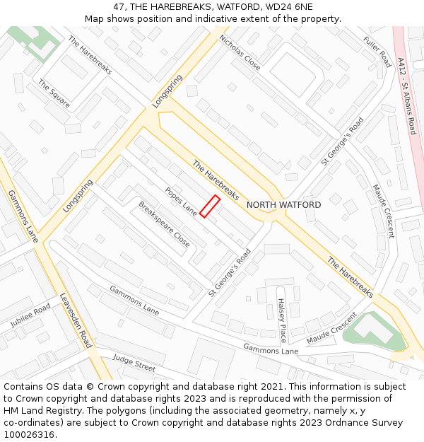 47, THE HAREBREAKS, WATFORD, WD24 6NE: Location map and indicative extent of plot