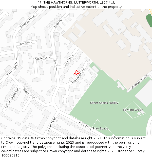 47, THE HAWTHORNS, LUTTERWORTH, LE17 4UL: Location map and indicative extent of plot