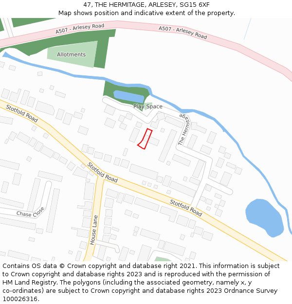 47, THE HERMITAGE, ARLESEY, SG15 6XF: Location map and indicative extent of plot