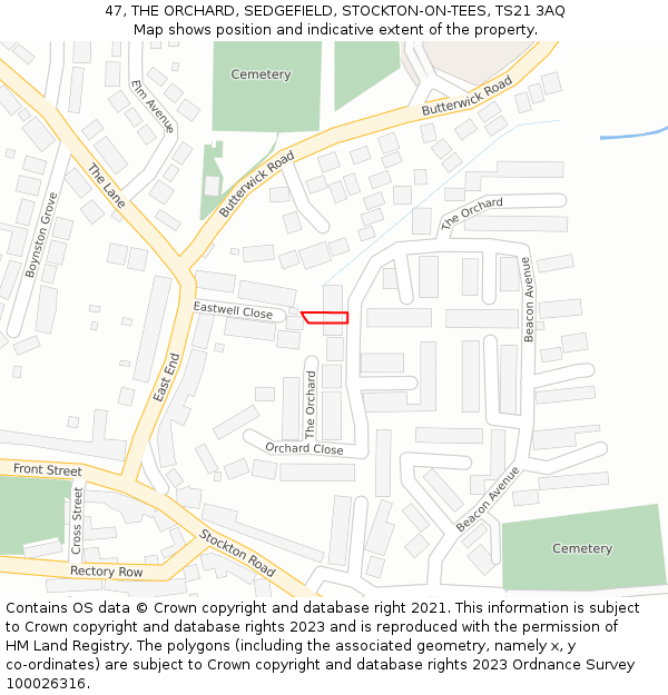 47, THE ORCHARD, SEDGEFIELD, STOCKTON-ON-TEES, TS21 3AQ: Location map and indicative extent of plot