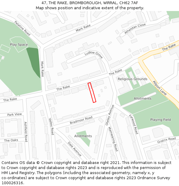 47, THE RAKE, BROMBOROUGH, WIRRAL, CH62 7AF: Location map and indicative extent of plot