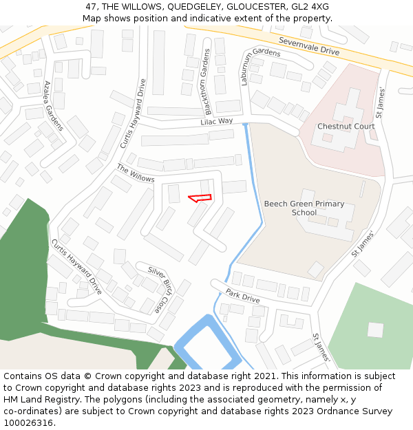 47, THE WILLOWS, QUEDGELEY, GLOUCESTER, GL2 4XG: Location map and indicative extent of plot