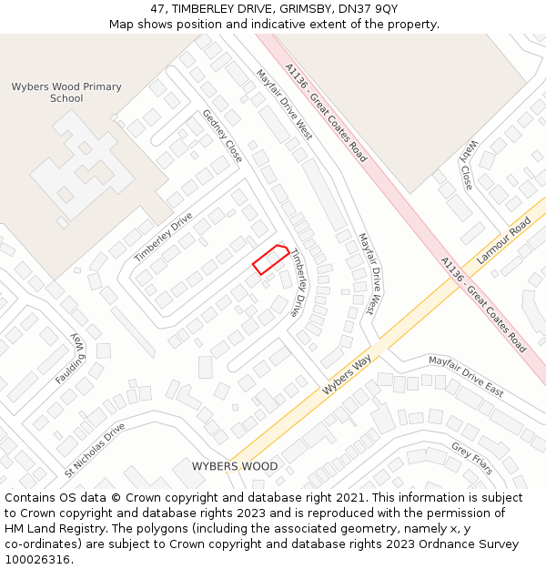 47, TIMBERLEY DRIVE, GRIMSBY, DN37 9QY: Location map and indicative extent of plot