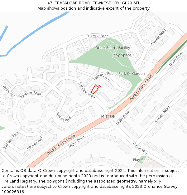 47, TRAFALGAR ROAD, TEWKESBURY, GL20 5FL: Location map and indicative extent of plot