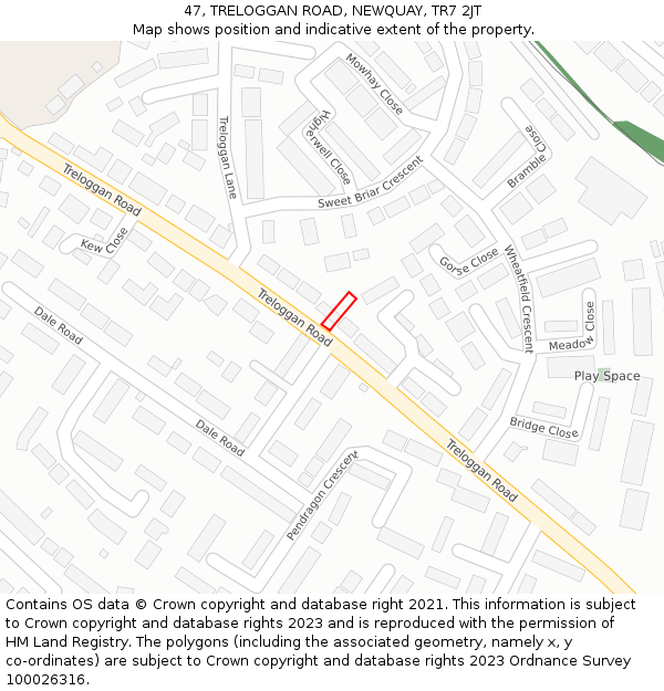 47, TRELOGGAN ROAD, NEWQUAY, TR7 2JT: Location map and indicative extent of plot