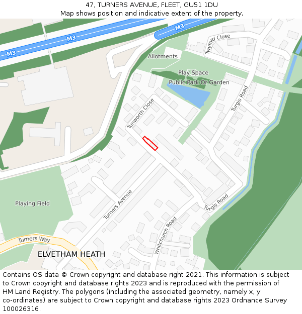 47, TURNERS AVENUE, FLEET, GU51 1DU: Location map and indicative extent of plot