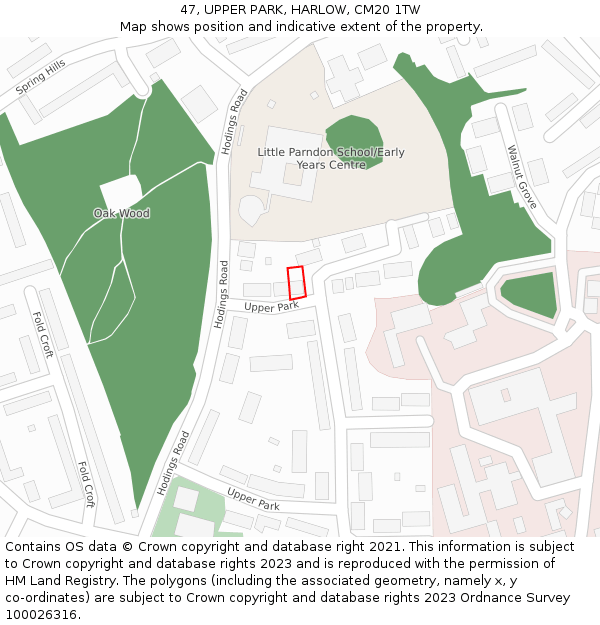 47, UPPER PARK, HARLOW, CM20 1TW: Location map and indicative extent of plot