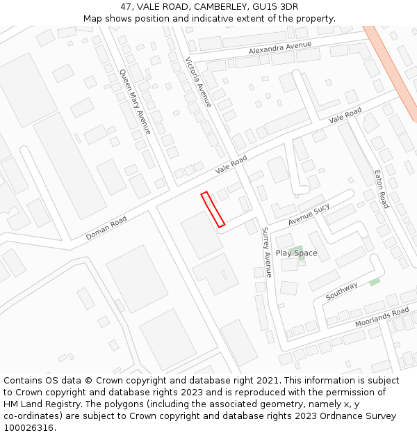 47, VALE ROAD, CAMBERLEY, GU15 3DR: Location map and indicative extent of plot