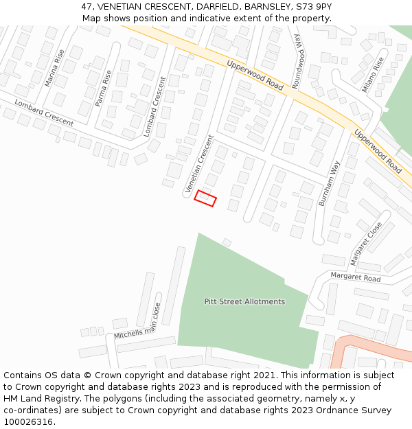 47, VENETIAN CRESCENT, DARFIELD, BARNSLEY, S73 9PY: Location map and indicative extent of plot