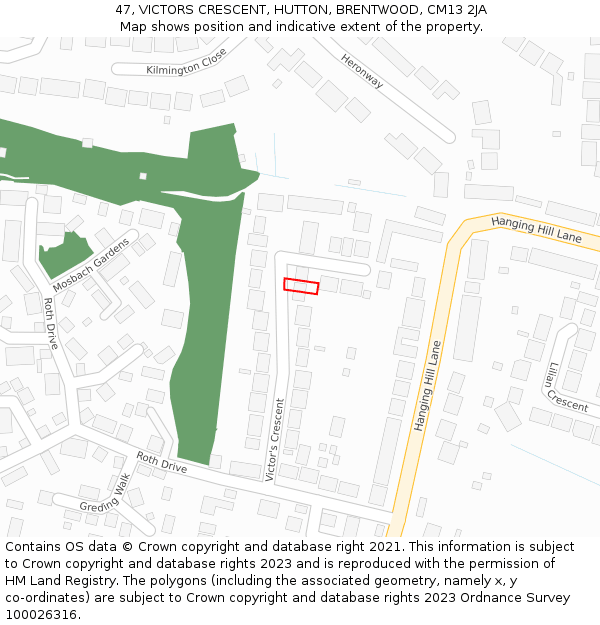 47, VICTORS CRESCENT, HUTTON, BRENTWOOD, CM13 2JA: Location map and indicative extent of plot