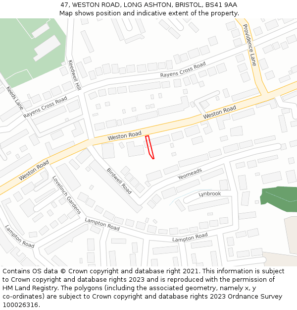 47, WESTON ROAD, LONG ASHTON, BRISTOL, BS41 9AA: Location map and indicative extent of plot