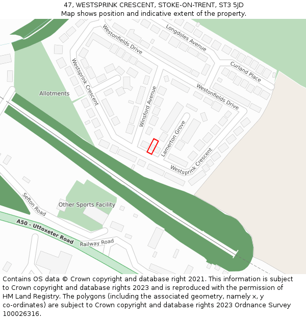 47, WESTSPRINK CRESCENT, STOKE-ON-TRENT, ST3 5JD: Location map and indicative extent of plot