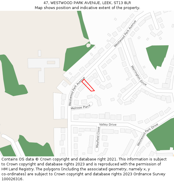 47, WESTWOOD PARK AVENUE, LEEK, ST13 8LR: Location map and indicative extent of plot