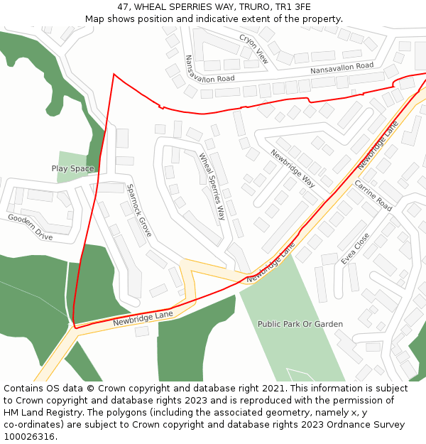 47, WHEAL SPERRIES WAY, TRURO, TR1 3FE: Location map and indicative extent of plot