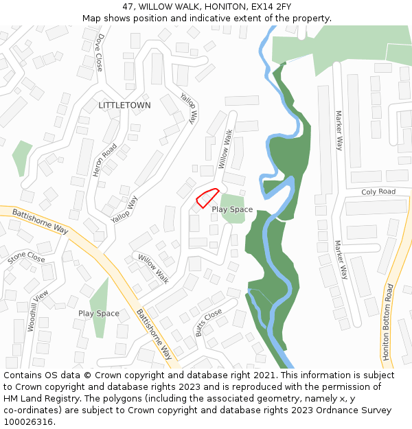 47, WILLOW WALK, HONITON, EX14 2FY: Location map and indicative extent of plot