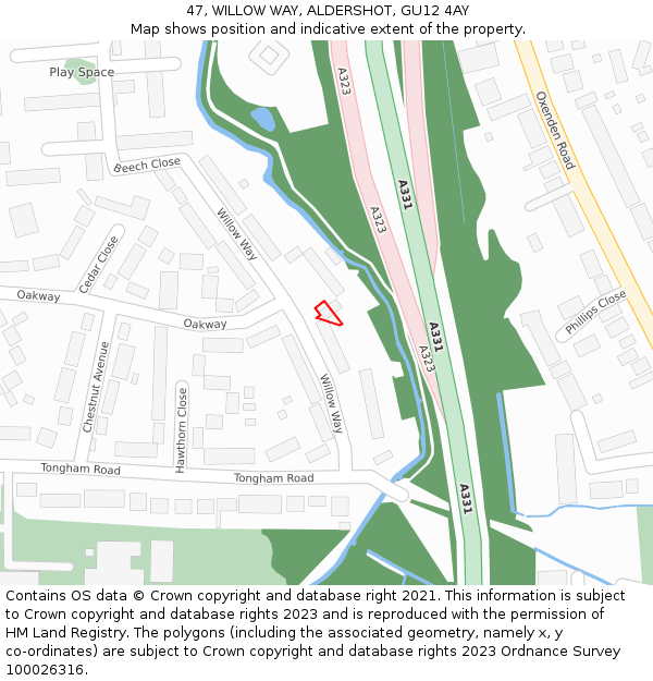 47, WILLOW WAY, ALDERSHOT, GU12 4AY: Location map and indicative extent of plot