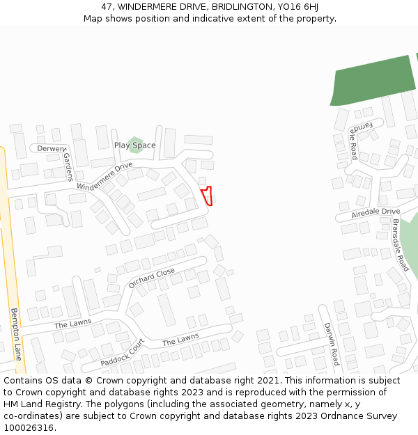 47, WINDERMERE DRIVE, BRIDLINGTON, YO16 6HJ: Location map and indicative extent of plot