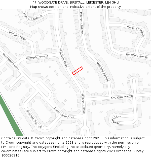 47, WOODGATE DRIVE, BIRSTALL, LEICESTER, LE4 3HU: Location map and indicative extent of plot