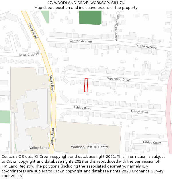 47, WOODLAND DRIVE, WORKSOP, S81 7JU: Location map and indicative extent of plot