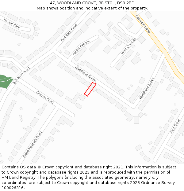 47, WOODLAND GROVE, BRISTOL, BS9 2BD: Location map and indicative extent of plot