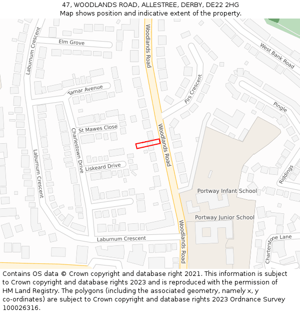 47, WOODLANDS ROAD, ALLESTREE, DERBY, DE22 2HG: Location map and indicative extent of plot