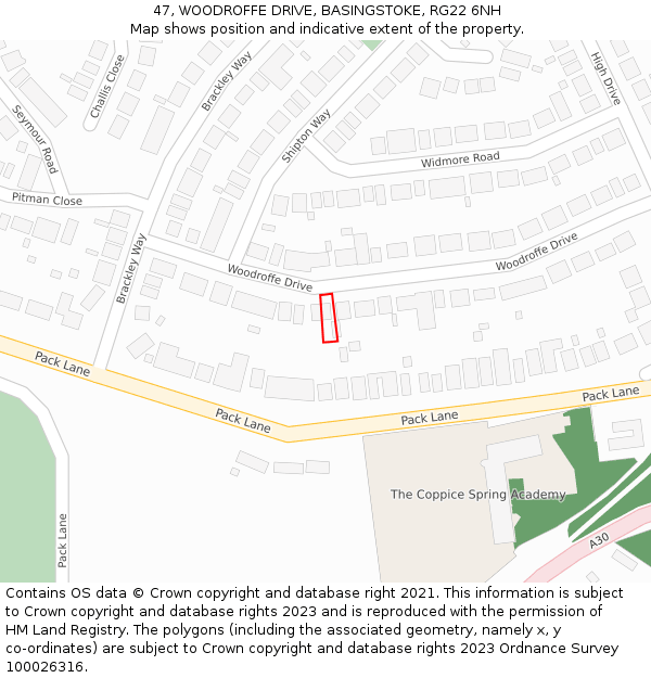 47, WOODROFFE DRIVE, BASINGSTOKE, RG22 6NH: Location map and indicative extent of plot