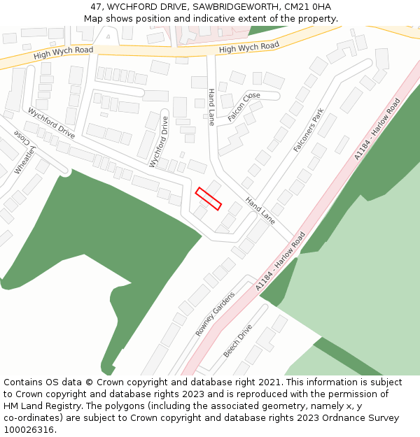 47, WYCHFORD DRIVE, SAWBRIDGEWORTH, CM21 0HA: Location map and indicative extent of plot