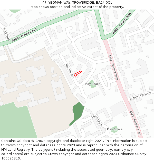 47, YEOMAN WAY, TROWBRIDGE, BA14 0QL: Location map and indicative extent of plot