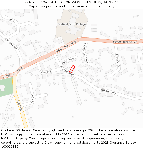 47A, PETTICOAT LANE, DILTON MARSH, WESTBURY, BA13 4DG: Location map and indicative extent of plot