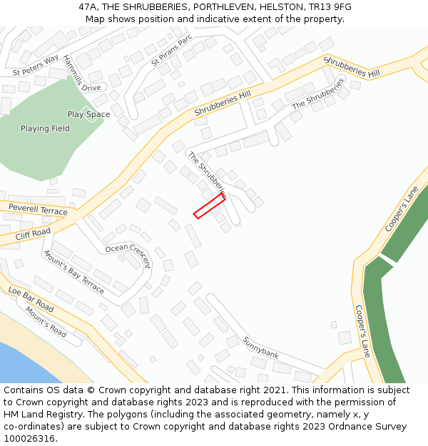 47A, THE SHRUBBERIES, PORTHLEVEN, HELSTON, TR13 9FG: Location map and indicative extent of plot