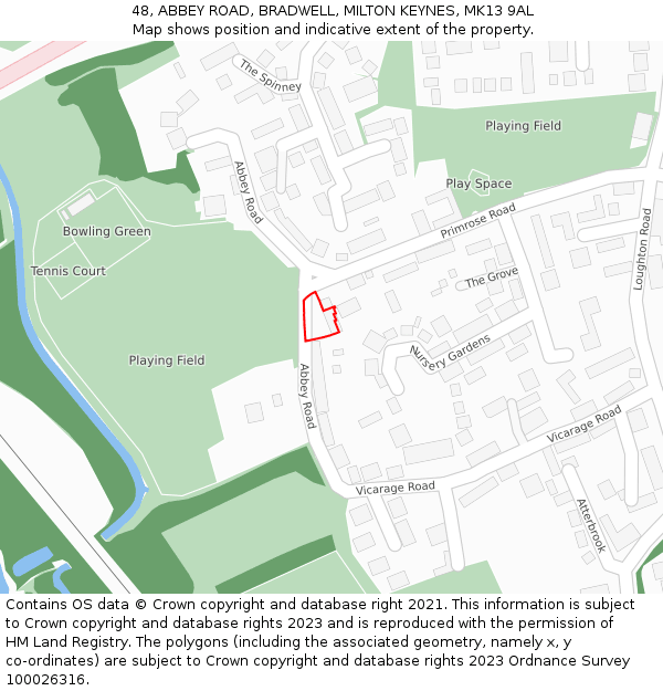 48, ABBEY ROAD, BRADWELL, MILTON KEYNES, MK13 9AL: Location map and indicative extent of plot