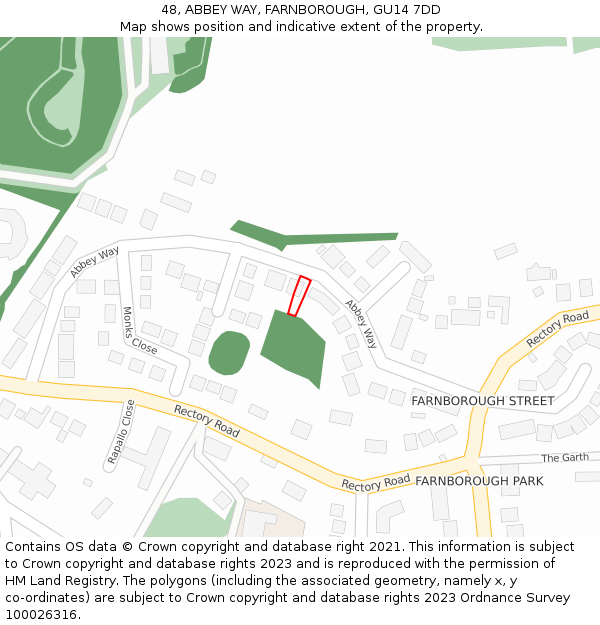 48, ABBEY WAY, FARNBOROUGH, GU14 7DD: Location map and indicative extent of plot