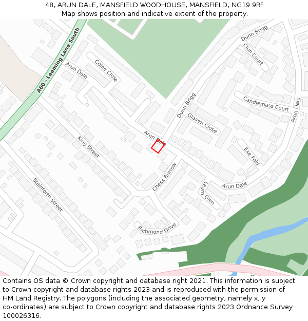 48, ARUN DALE, MANSFIELD WOODHOUSE, MANSFIELD, NG19 9RF: Location map and indicative extent of plot