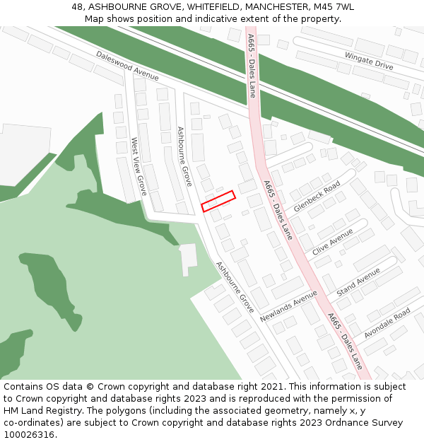 48, ASHBOURNE GROVE, WHITEFIELD, MANCHESTER, M45 7WL: Location map and indicative extent of plot