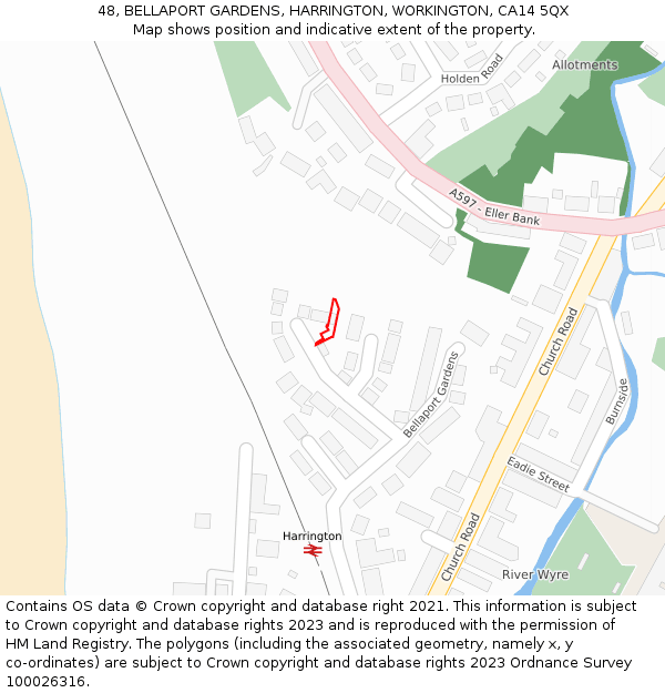 48, BELLAPORT GARDENS, HARRINGTON, WORKINGTON, CA14 5QX: Location map and indicative extent of plot