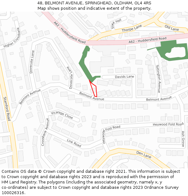 48, BELMONT AVENUE, SPRINGHEAD, OLDHAM, OL4 4RS: Location map and indicative extent of plot