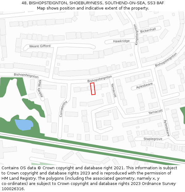 48, BISHOPSTEIGNTON, SHOEBURYNESS, SOUTHEND-ON-SEA, SS3 8AF: Location map and indicative extent of plot