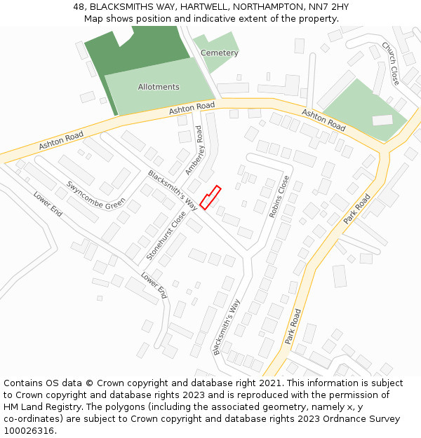 48, BLACKSMITHS WAY, HARTWELL, NORTHAMPTON, NN7 2HY: Location map and indicative extent of plot