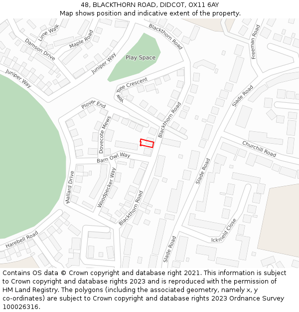 48, BLACKTHORN ROAD, DIDCOT, OX11 6AY: Location map and indicative extent of plot