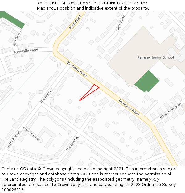 48, BLENHEIM ROAD, RAMSEY, HUNTINGDON, PE26 1AN: Location map and indicative extent of plot