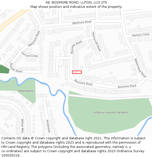 48, BOSMORE ROAD, LUTON, LU3 2TS: Location map and indicative extent of plot