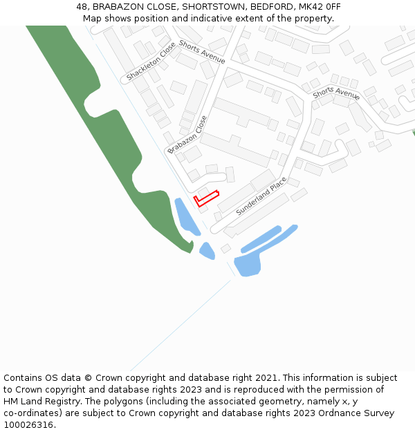 48, BRABAZON CLOSE, SHORTSTOWN, BEDFORD, MK42 0FF: Location map and indicative extent of plot