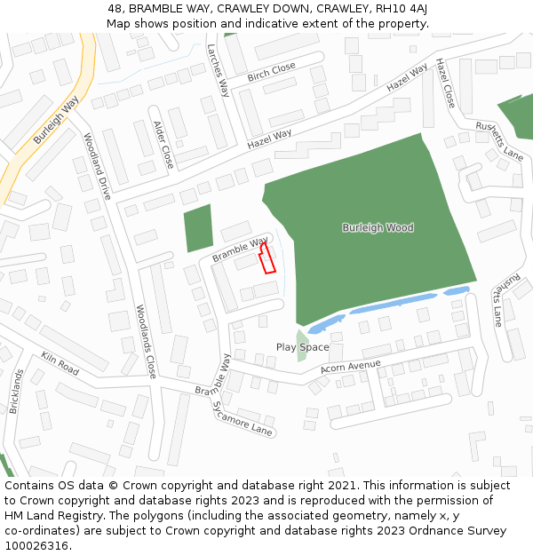 48, BRAMBLE WAY, CRAWLEY DOWN, CRAWLEY, RH10 4AJ: Location map and indicative extent of plot