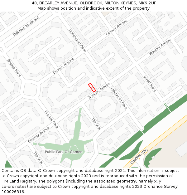 48, BREARLEY AVENUE, OLDBROOK, MILTON KEYNES, MK6 2UF: Location map and indicative extent of plot