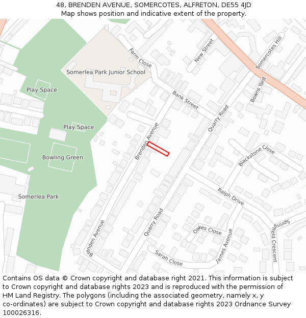 48, BRENDEN AVENUE, SOMERCOTES, ALFRETON, DE55 4JD: Location map and indicative extent of plot